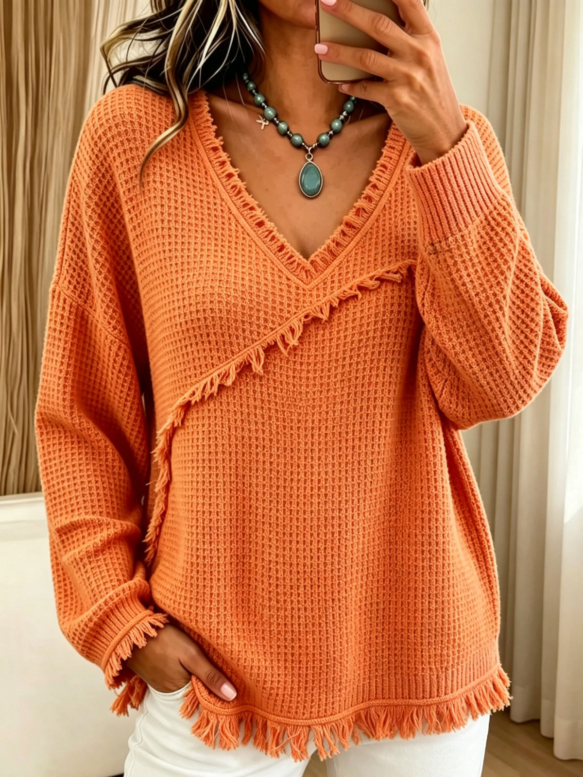Fringe Trim Waffle Knit V‑Neck Sweater, Women Long Sleeve Loose Pullover Top