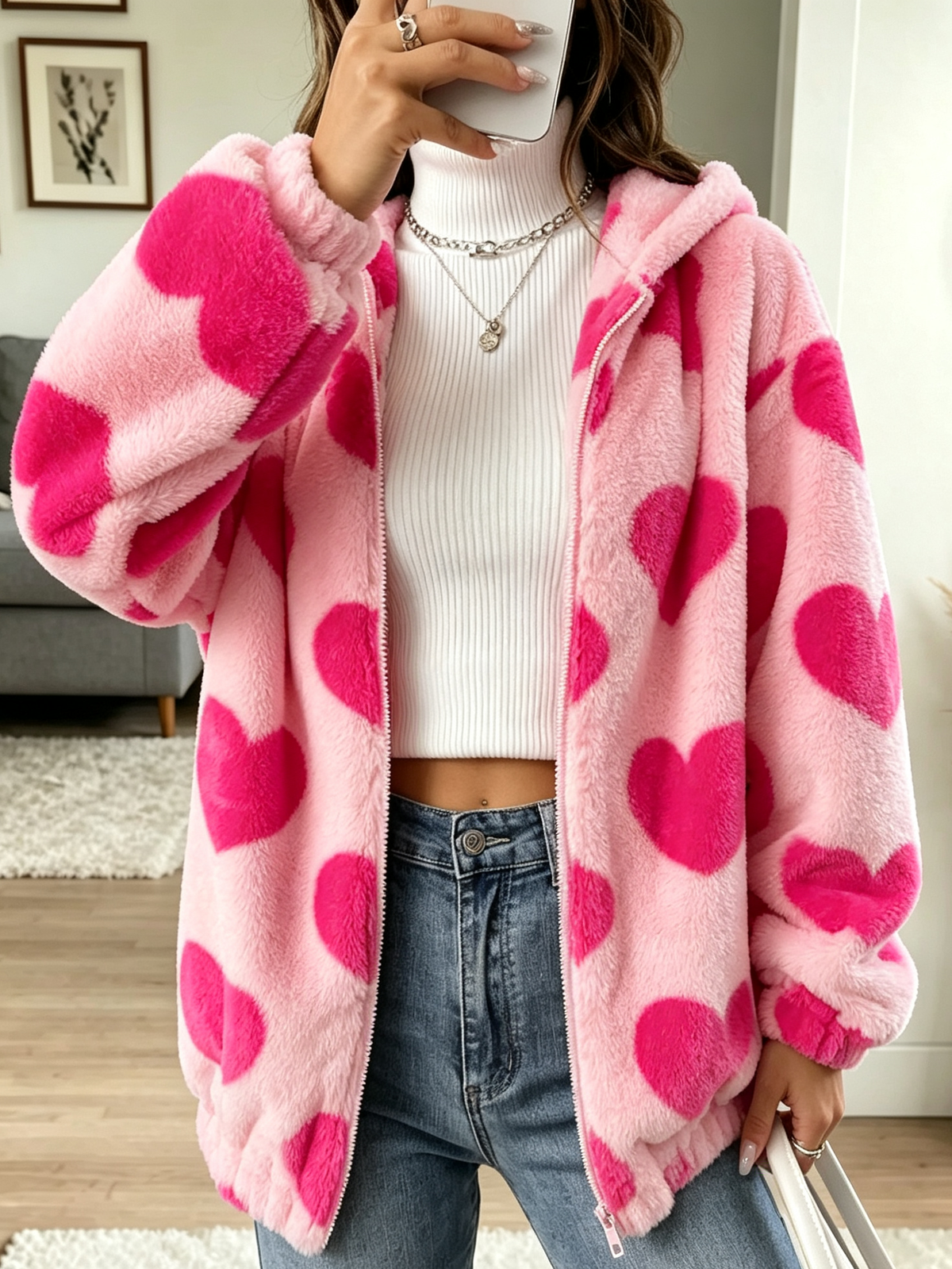 Women's Heart Fuzzy Fleece Hoodie Jacket