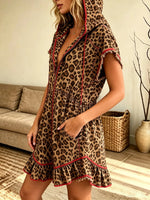 Women's Leopard Hooded Zip-Up Mini Dress