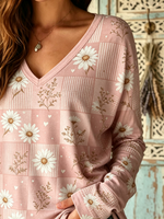 Women's Daisy Checkered Print V-Neck Top