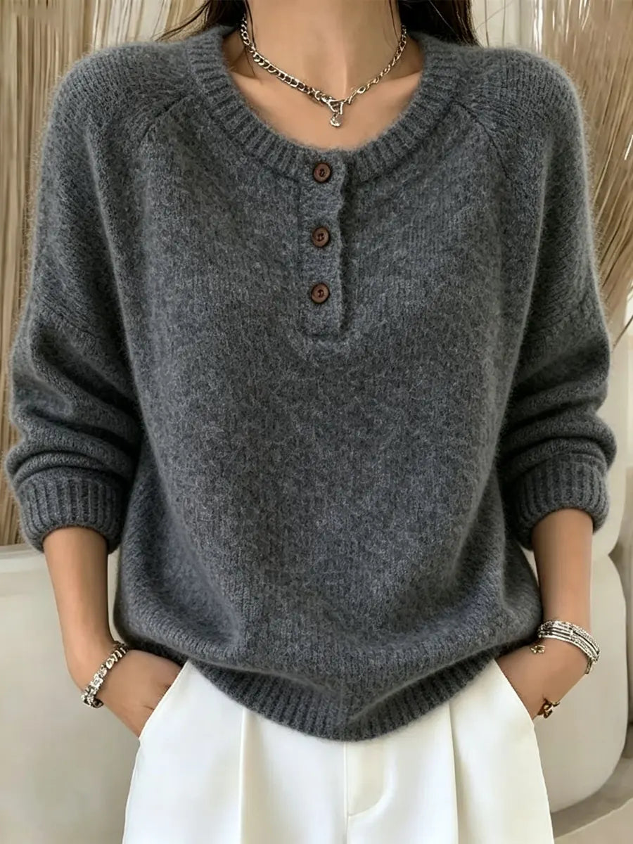 Retro Elegant Button Round Neck Art Casual Stylish Long Sleeve Knitted Sweater