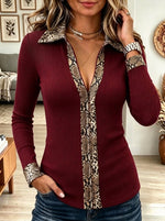 Women's Colorblock V-Neck Ribbed Knit Long Sleeve Top with Snake Print Collar & Cuffs