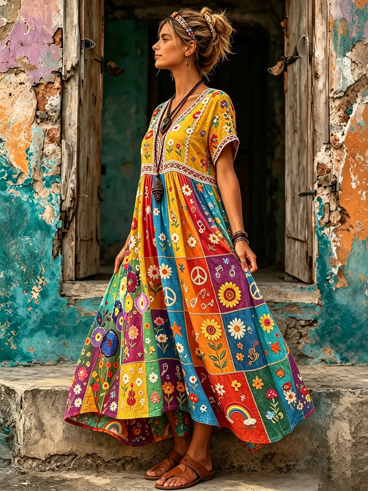 Women Check Multi Element All Over Print Maxi Dress