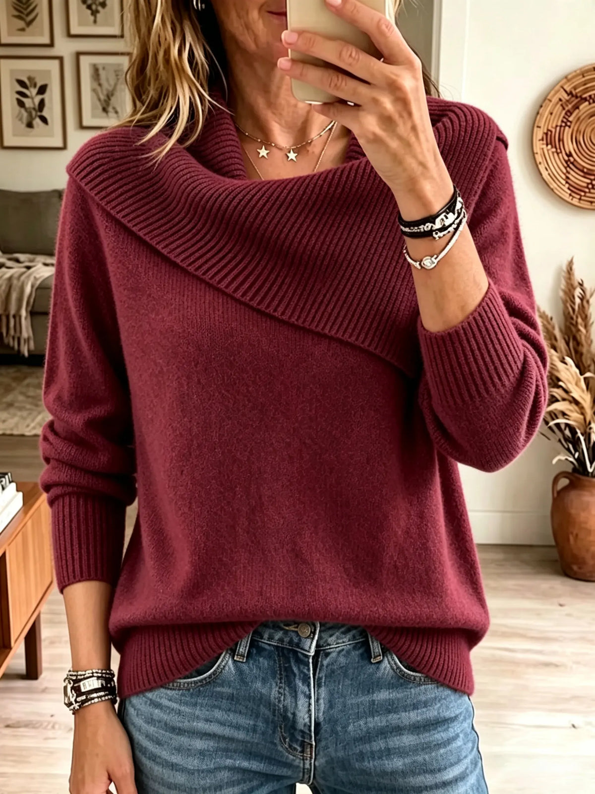 Women's Asymmetrical Draped Cowl Neck Sweater