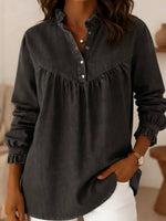 Retro Ruffle Art Casual Stylish V Collar Long Sleeve Denim Shirt