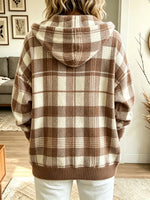 Women's Plaid Knit Full-Zip Hooded Cardigan