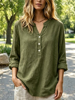 Women's Solid Color Long Sleeve Cotton And Linen Shirt