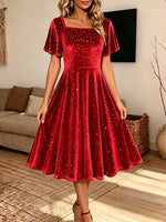 Vintage Elegant Velvet Rhinestone Square Neck Dress