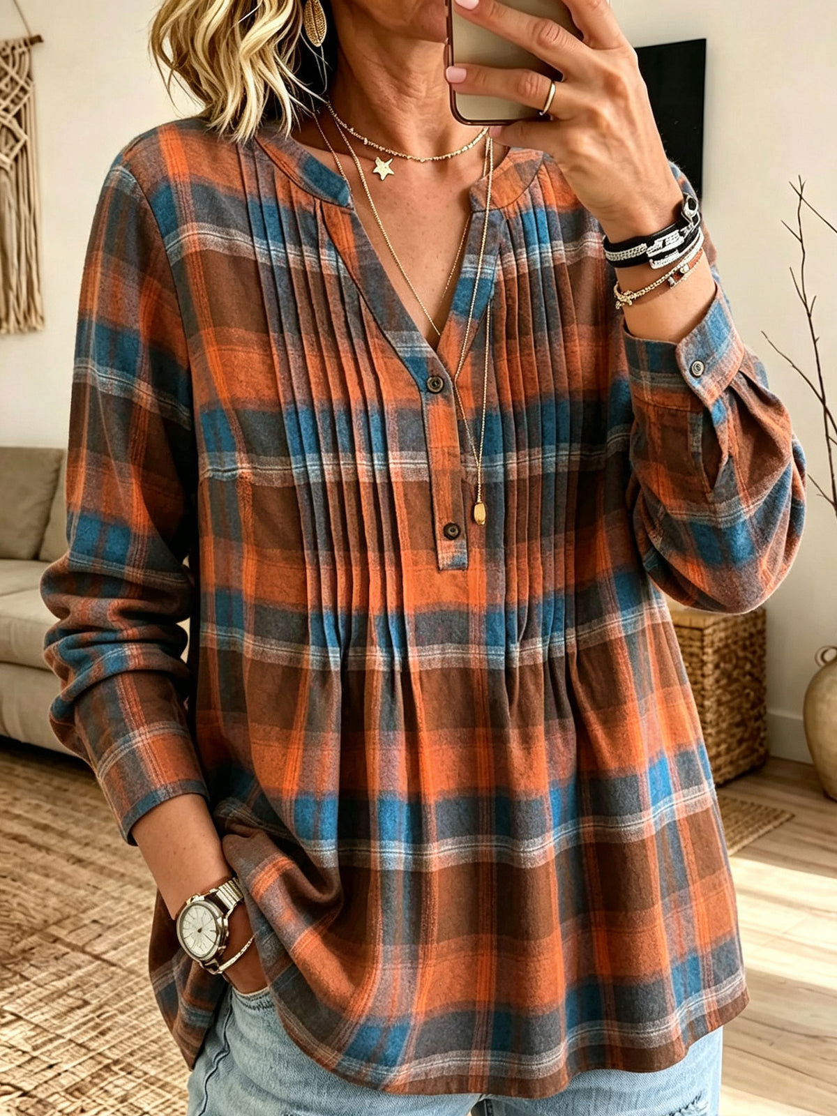Women's Henley V‑Neck Pleated Plaid Long Sleeve Blouse