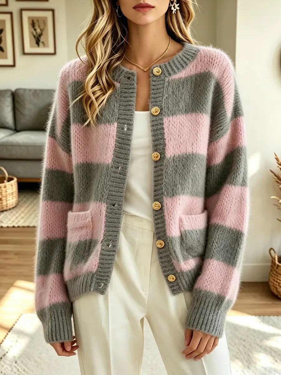 Retro Stripe Art Casual Stylish Long Sleeve Knit Cardigan Sweater