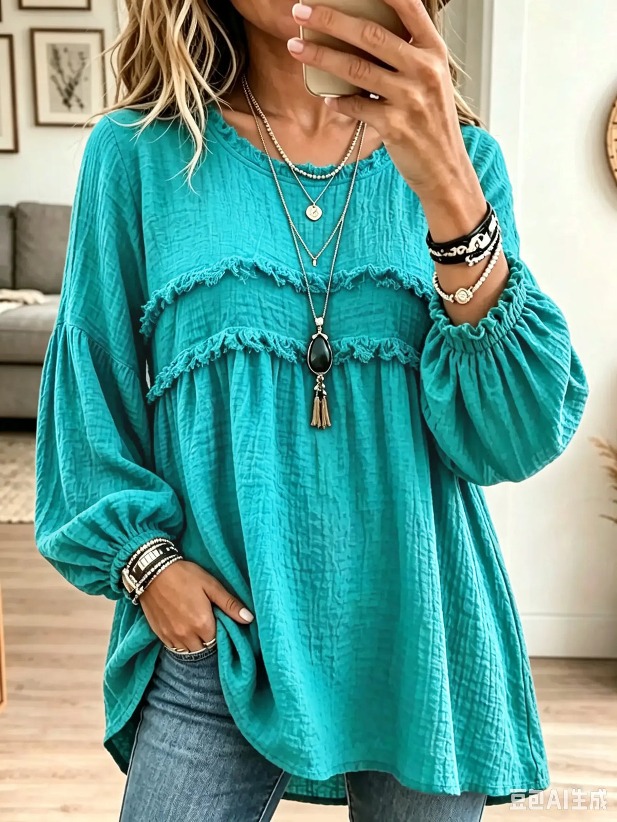 Women's Textured Crinkle Ruffle Babydoll Tunic Blouse