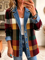 Autumn Color Block Plaid Denim Spliced Blazer Jacket, Women Lapel Button Outerwear