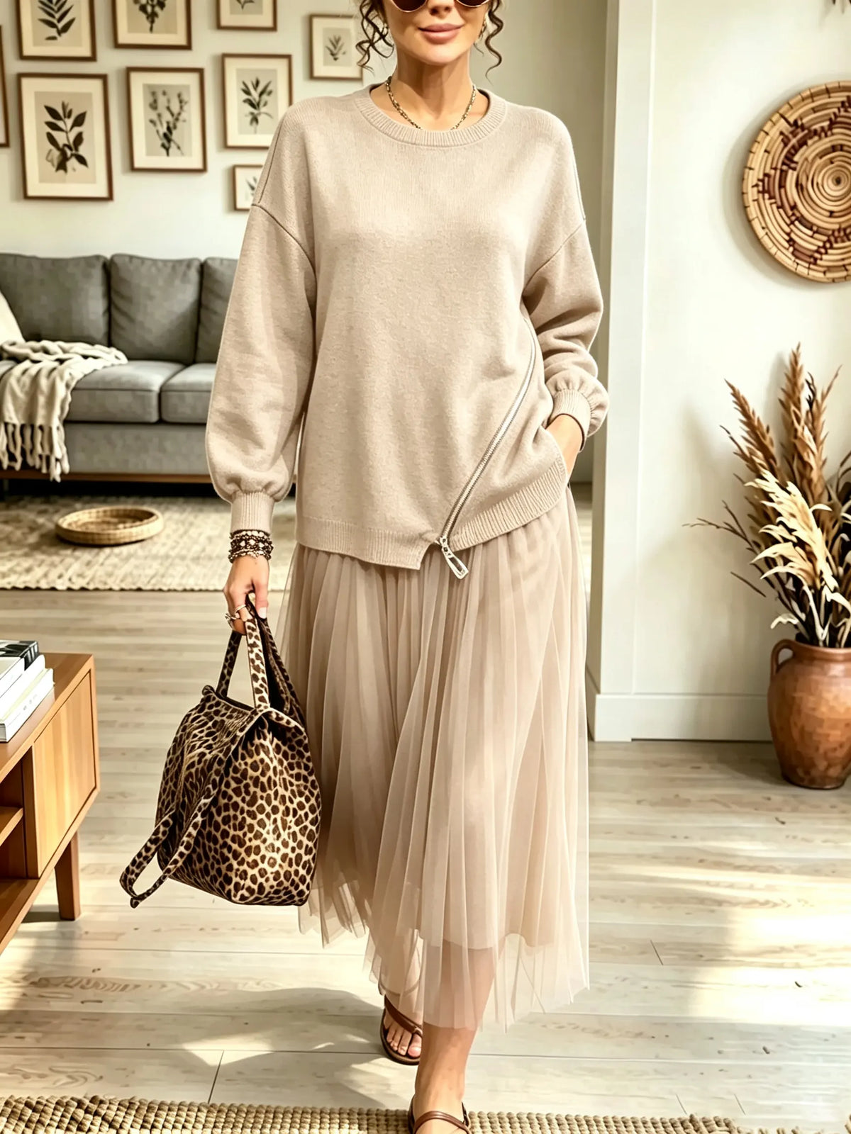 Women's Zipper Accent Sweater Tulle Midi Dress