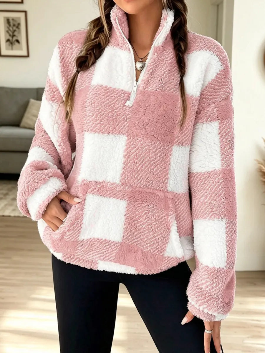Retro Plaid Pattern Art Casual Stylish Long Sleeve Plush Top