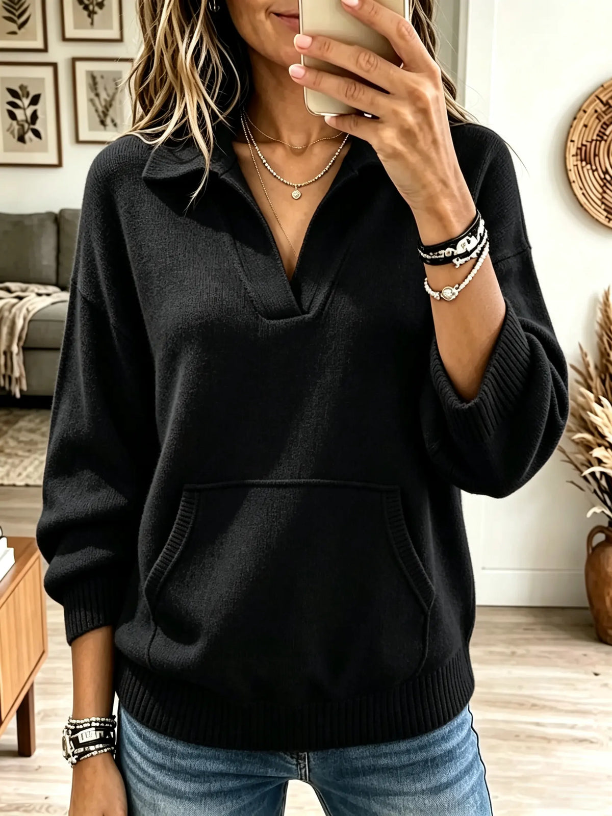 Women's Split Polo Collar Pocket Sweater
