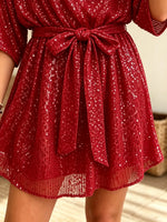 Women's Belted Sequin A-Line Mini Dress