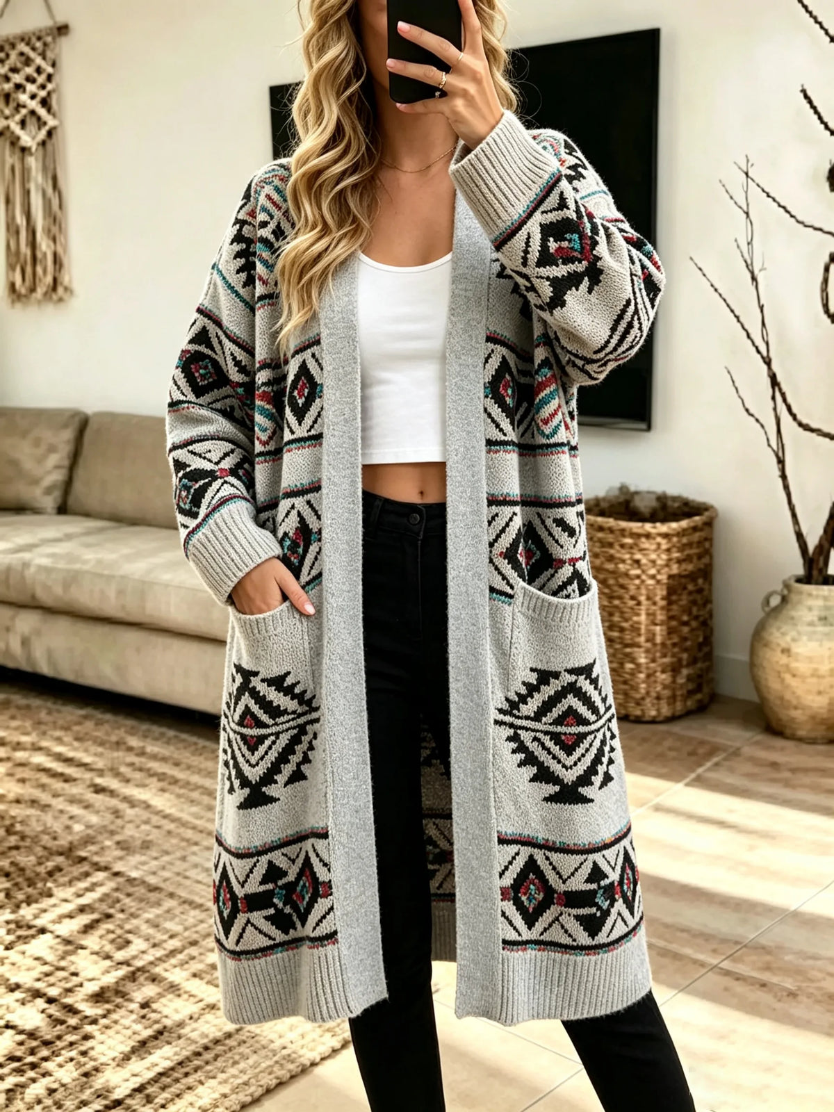 Women Ethnic Geometric Jacquard Long Knit Cardigan