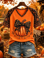 Women's Leopard Bow Pumpkin Floral Raglan T-Shirt