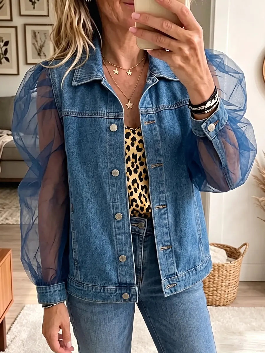 Vintage Elegant Denim Patchwork Sheer Mesh Jacket