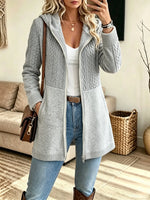 Women's Cable Knit Panel Zip-Up Hooded Coat