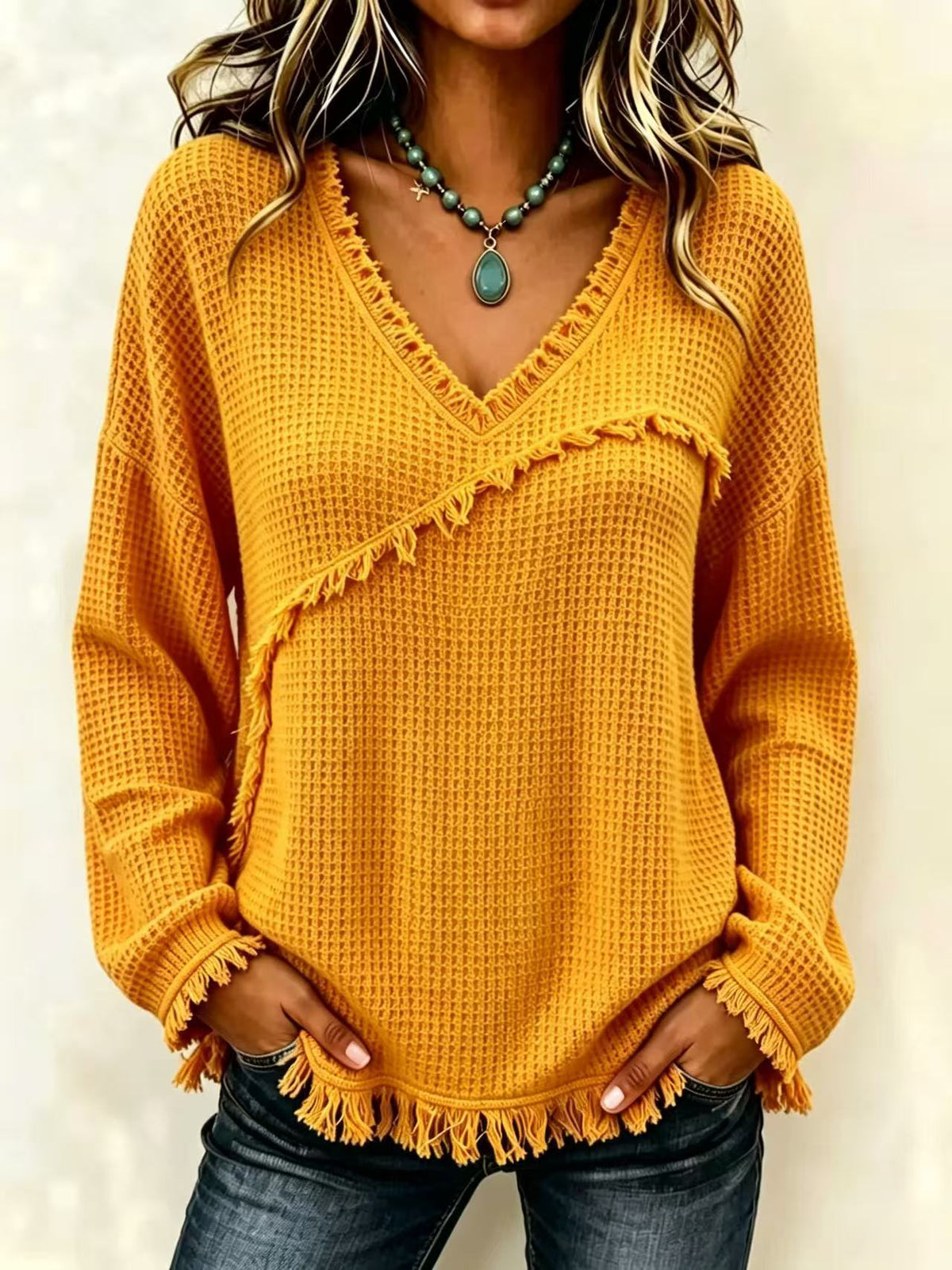 Fringe Trim Waffle Knit V‑Neck Sweater, Women Long Sleeve Loose Pullover Top