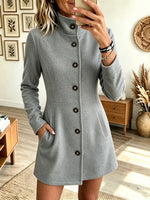 Women's Stand Collar Button-Front Woolen Coat Dress