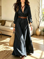 Retro Solid Color Art Casual Stylish Lapel Long Sleeve Maxi Dress