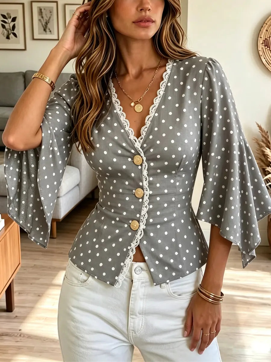 Retro Polka Dot Lace Patchwork Art Casual Stylish 3/4 Sleeve Shirt
