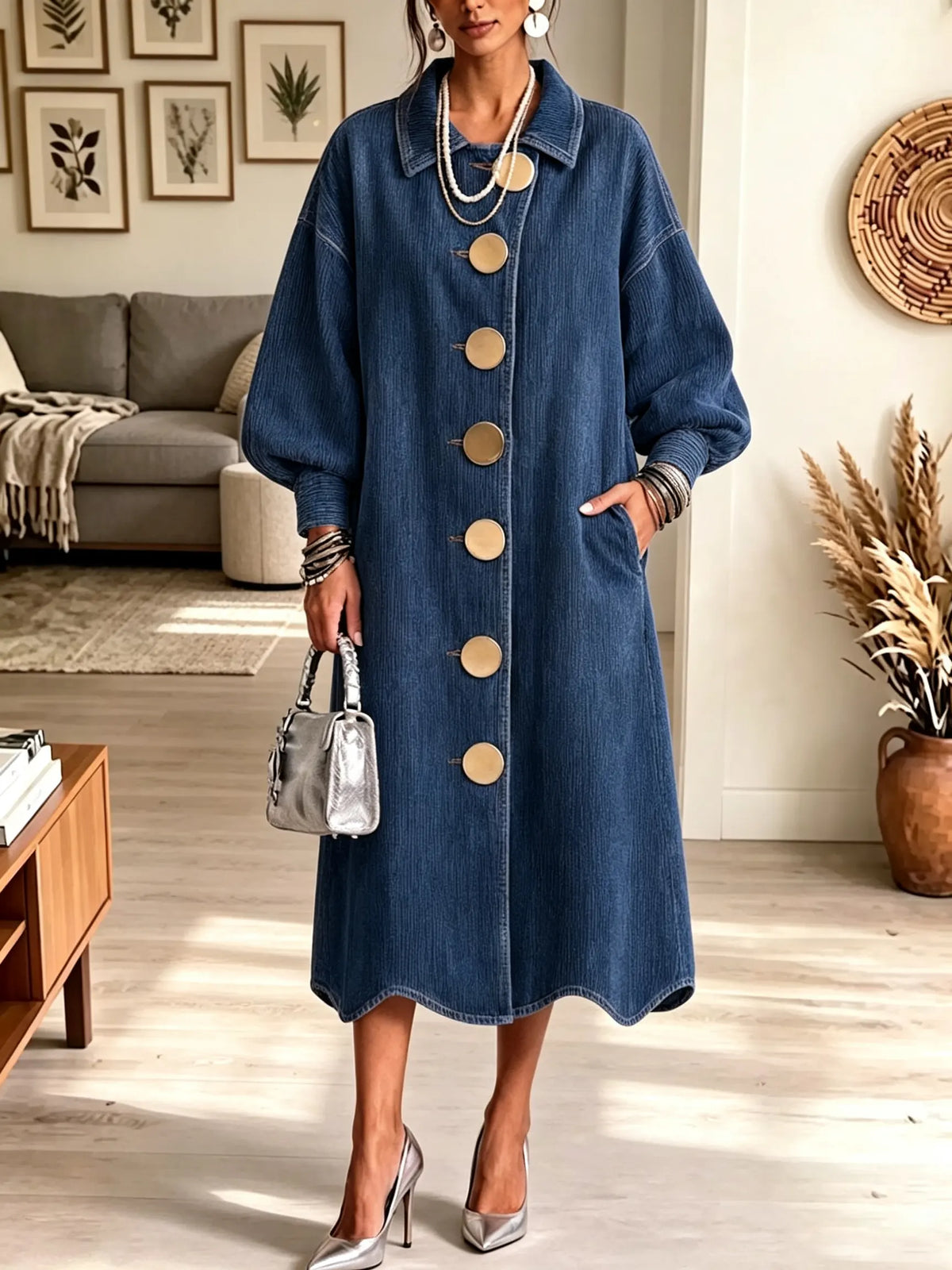 Women's Oversized Gold Button Long Denim Coat Dress
