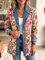 Retro Floral Leopard Pattern Art Casual Denim Patchwork Stylish Long Sleeve Coat