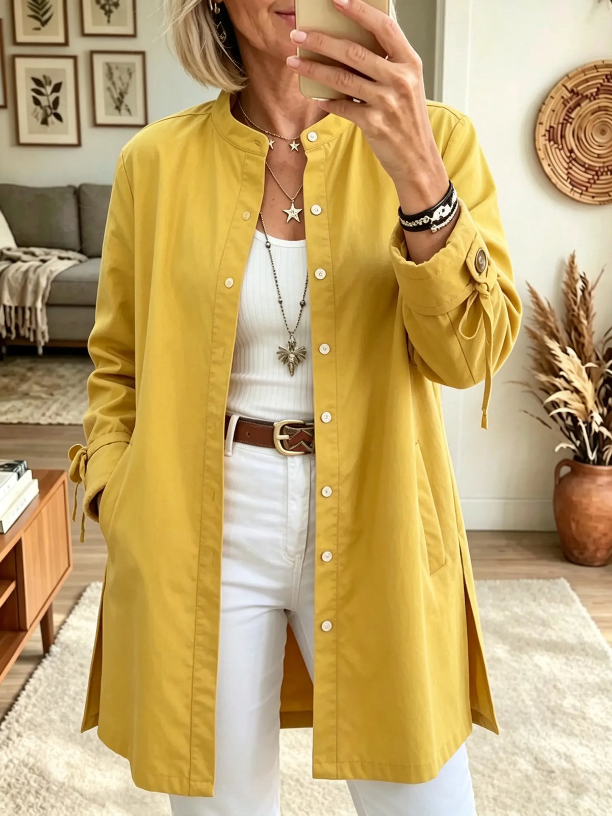 Women's Button-Down Longline Linen Duster Shirt