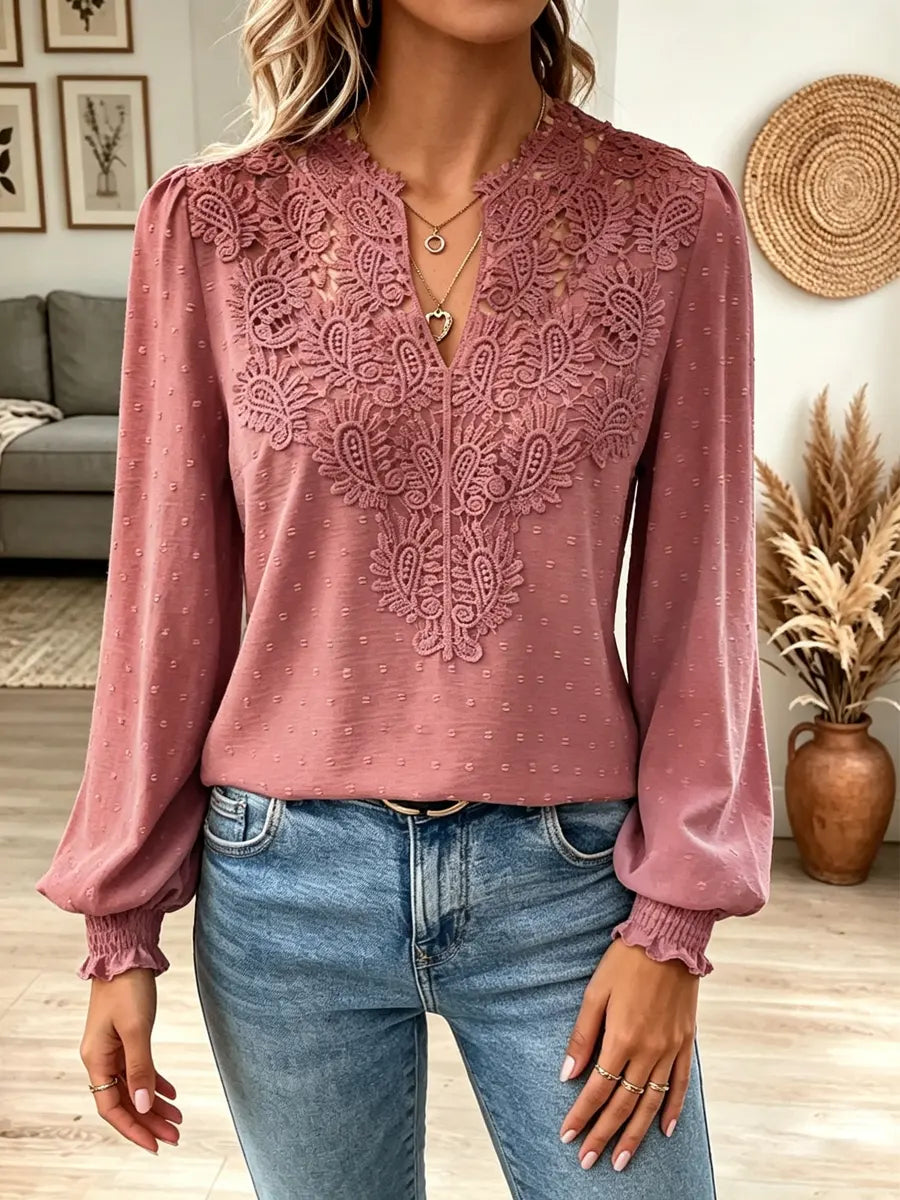 Retro Floral Lace Art Casual Stylish V Collar Long Sleeve Shirt