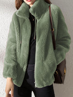 Women Fuzzy Fleece Zip‑Up Stand Collar Jacket, Casual Drawstring Plush Outerwear