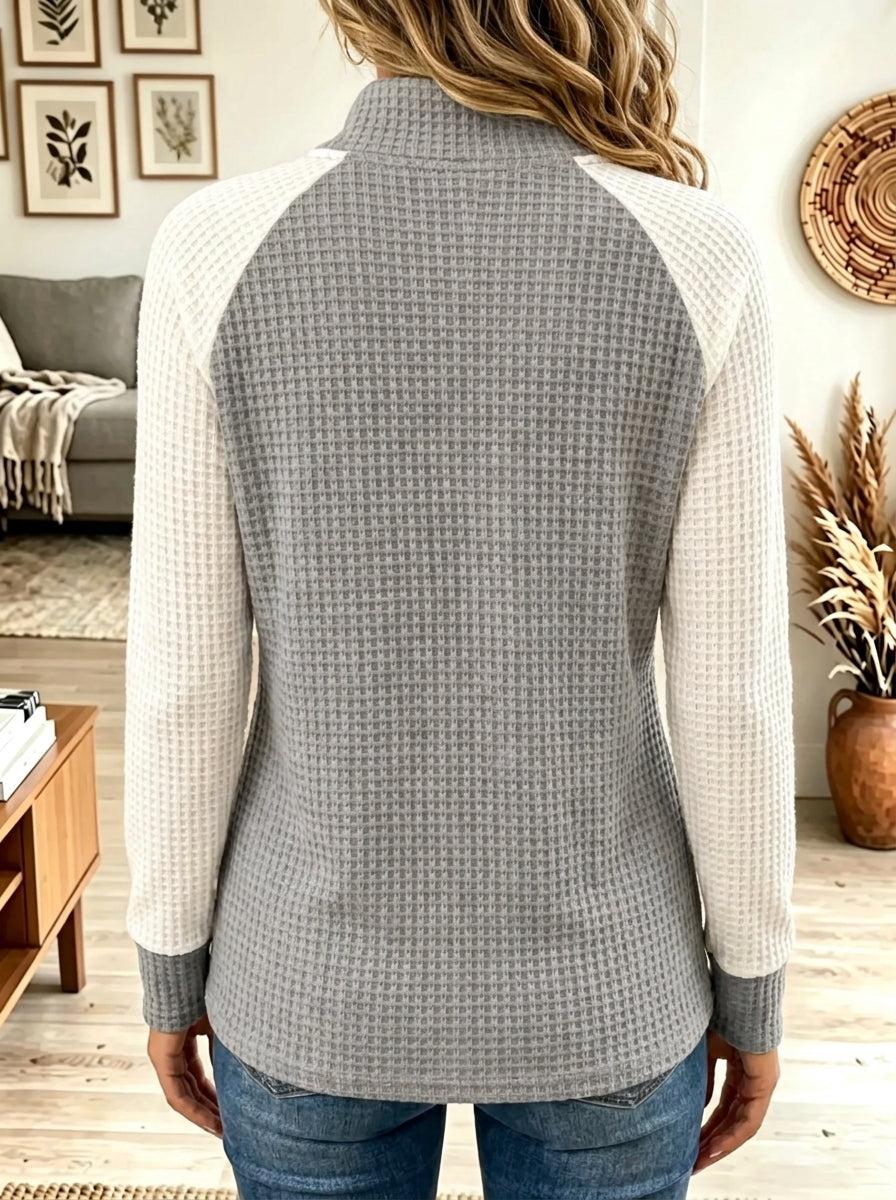 Women's Two-Tone Half-Zip Waffle Knit Pullover