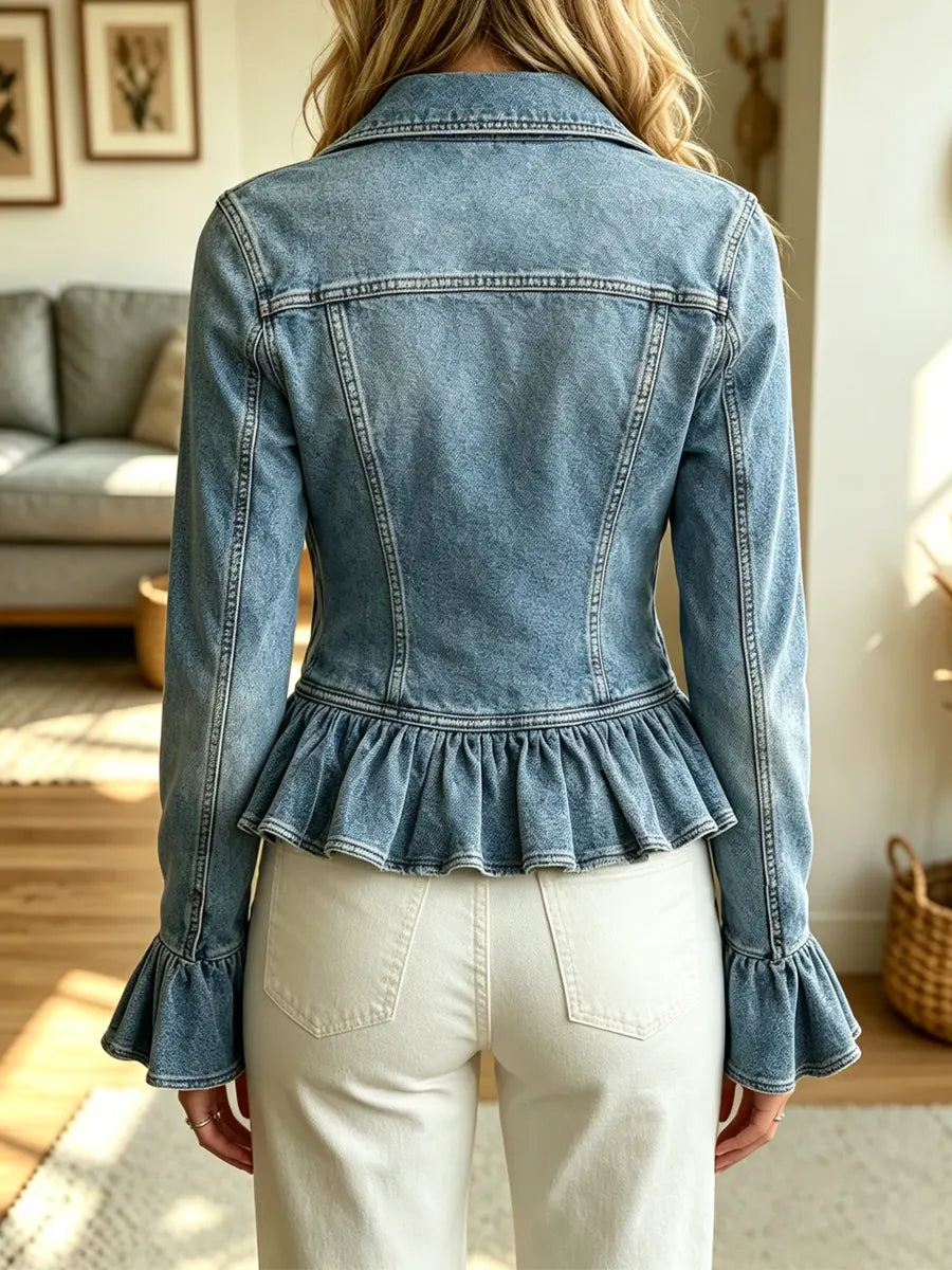 Retro Ruffle Lapel Pockets Art Casual Stylish Long Sleeve Denim Coat