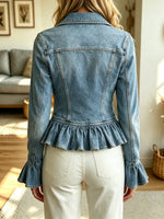 Retro Ruffle Lapel Pockets Art Casual Stylish Long Sleeve Denim Coat