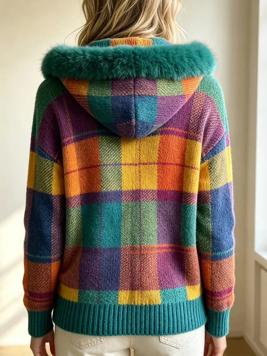 Retro Plaid Pattern Hooded Art Casual Stylish Long Sleeve Knit Sweater