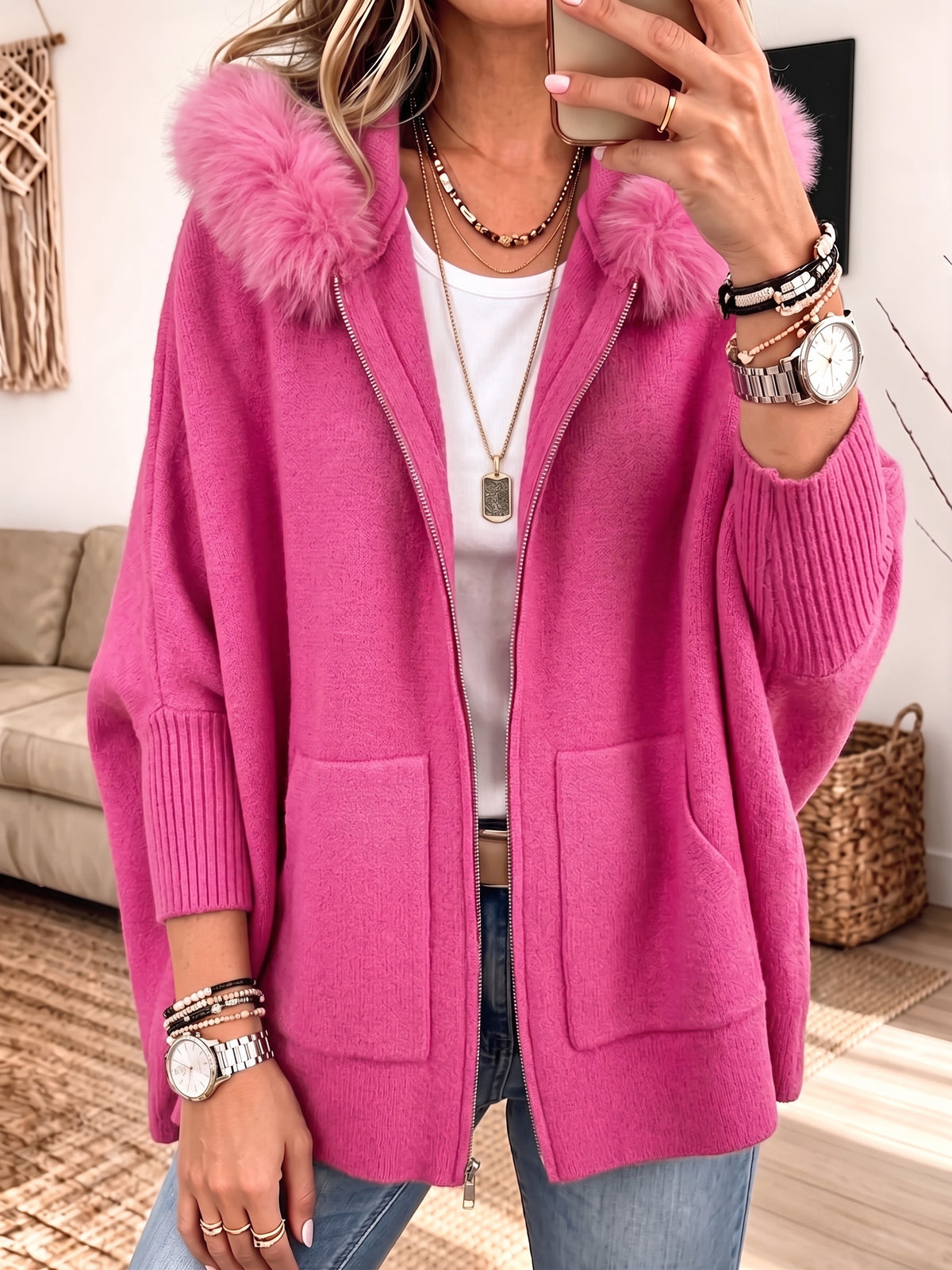 Women Furry Hood Zip‑Up Knit Cardigan, Oversized Cozy Knitted Jacket With Pockets