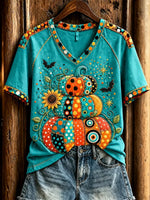 Women's Patchwork Stacked Pumpkin Graphic T-Shirt