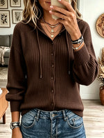 Women's Hooded Button-Down Ribbed Knit Cardigan