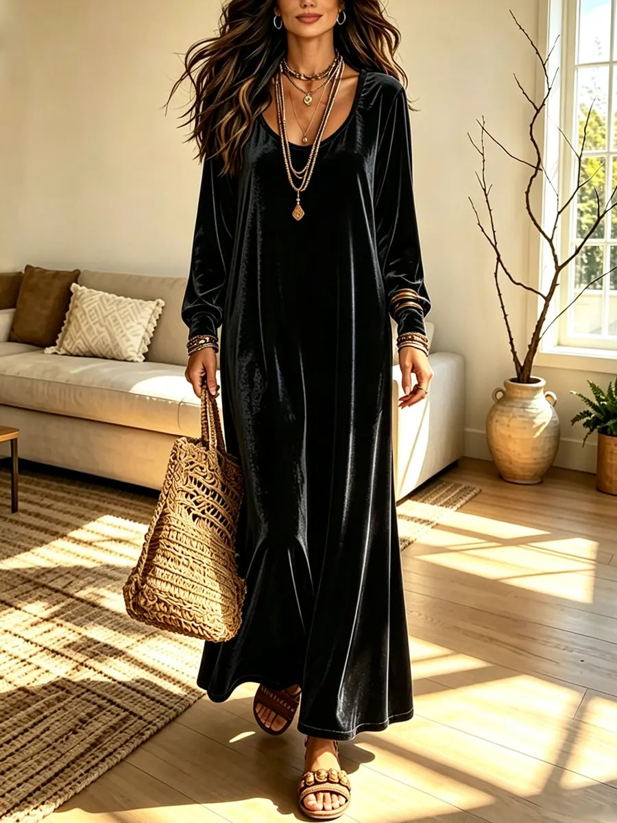 Retro Velvet Art Casual Stylish Round Collar Long Sleeve Long Dress