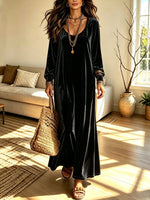 Retro Velvet Art Casual Stylish Round Collar Long Sleeve Long Dress