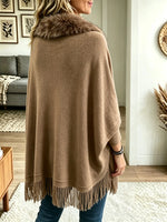 Women's Faux Fur Trim Fringe Poncho Cardigan