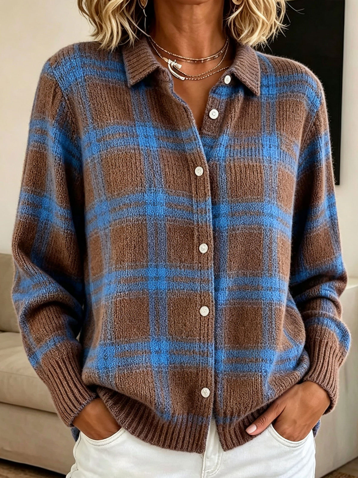 Women Loose Long Sleeve Plaid Collared Button‑front Knit Cardigan Sweater