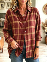 Retro Plaid Pattern Art Print Casual Stylish Long Sleeve Cotton Linen Shirt