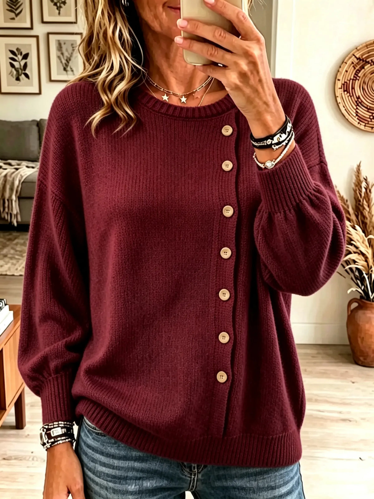 Women's Asymmetrical Button Crewneck Knit Sweater