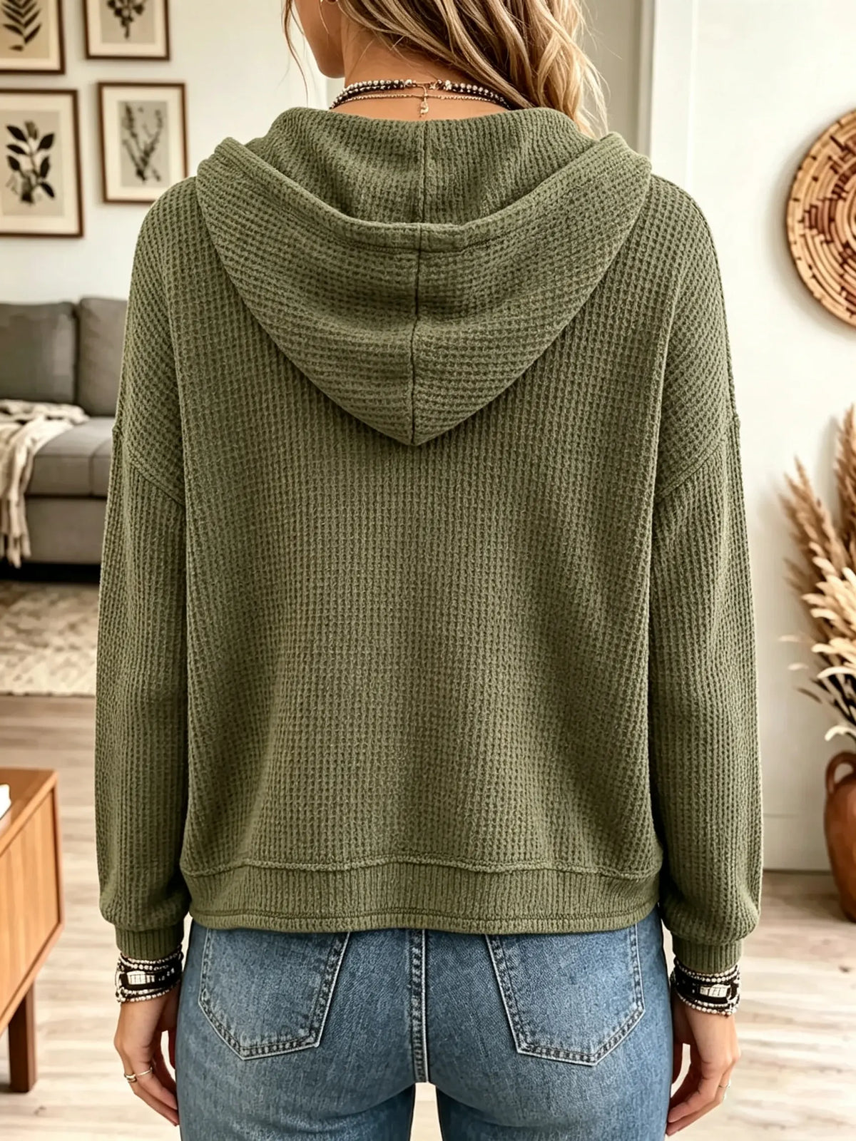Women's Waffle Knit Drawstring Hoodie Sweatshirt
