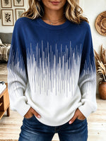 Women Ombre Gradient Vertical Stripe Crew Neck Loose Knit Sweater