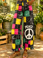 Women's Retro Checkered Peace Print Ruffled Pants
