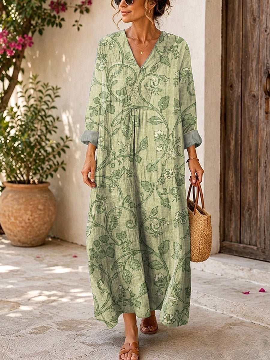 Retro Floral Pattern Art Print Casual V-neck Long Sleeve Cotton Linen Maxi Dress
